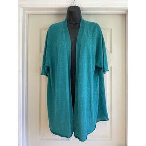 Eileen Fisher Org Linen Blue Green Teal Short Sleeve Open Front Cardigan Sweater